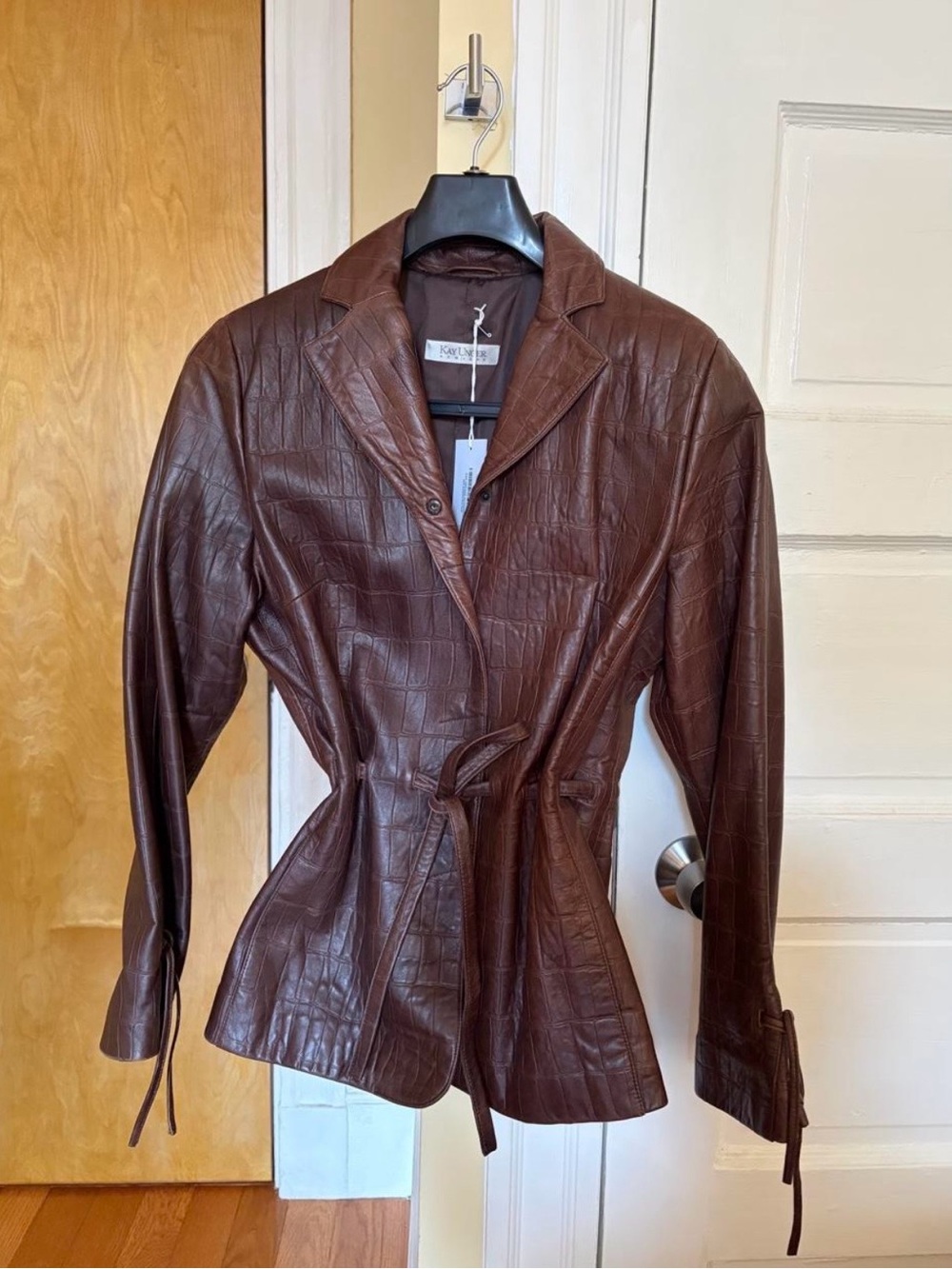 Reformation Vintage Brown Croc-Embossed Leather Tie-Waist Jacket
